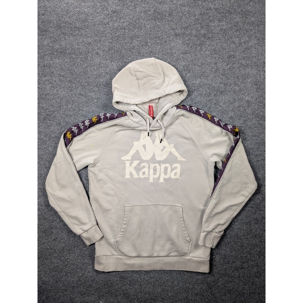 Kappa Hoodie Mens Small Gray Purple Yellow Logo Tape Pullover Sweatshirt